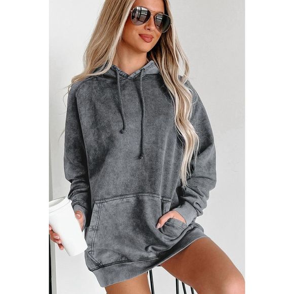 Azura Exchange  Gray Mineral Wash Kangaroo Pocket Drawstring Pullover Hoodie - Picture 9 of 15